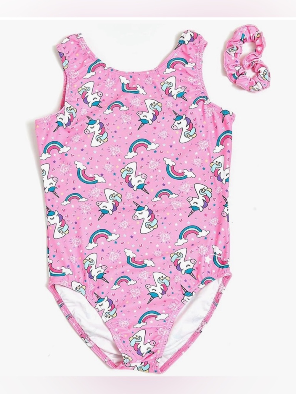 EUC Destira Gymnastics Leotard in Unicorn Magic w/ Scrunchie Sz 6